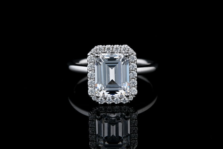 Emerald Cut Halo Engagement Ring with Plain Band