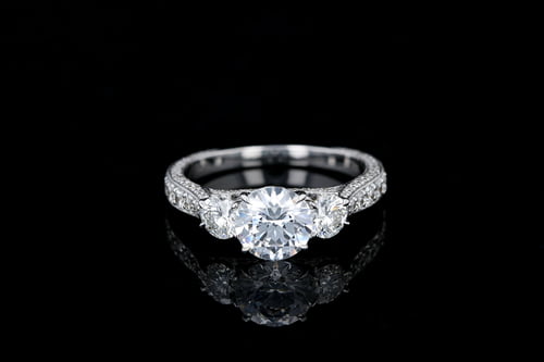 Three Stone Vintage 3 Sided Pave' 3 Stone Ring