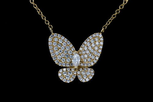 Necklaces Pave' Diamond Butterfly Pendant on Yellow Gold Chain