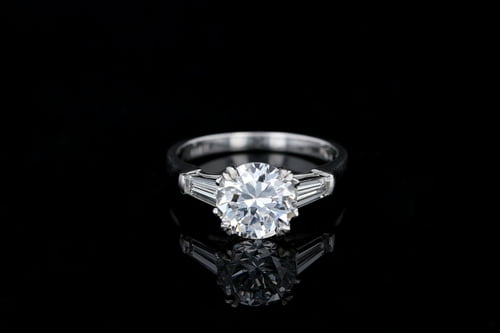 Classic Three Stone Engagement Ring Round, Tapered Baguette Side Stones