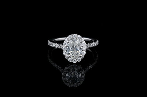 Oval Halo Engagement Ring, One Row Pave' Diamond Band