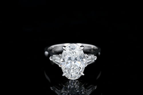 Classic Three Stone Oval Engagement Ring, Bullet Side Stones