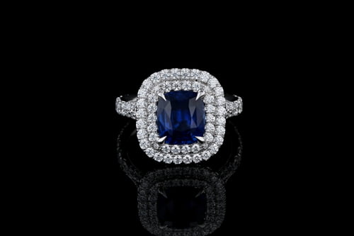 Cushion Sapphire 2 Halo Pave’ Ring