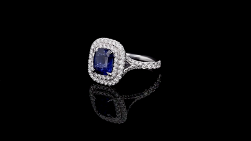 Cushion Sapphire 2 Halo Pave’ Ring