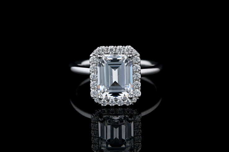 Emerald Cut Pave' Halo, Gold Band