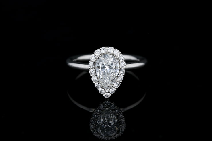 Pear Halo Engagement Ring 18K White Rose Plain Band