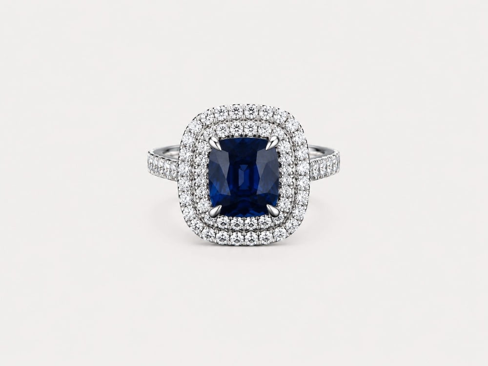 Blue Sapphire Cushion Double Halo