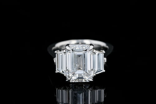 Three Stone Classic Three Stone Engagement Ring Emerald, Trapezoid Step Cut Side Stones