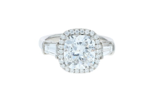 Cushion Three Stone Platinum Halo Ring With Baguettes