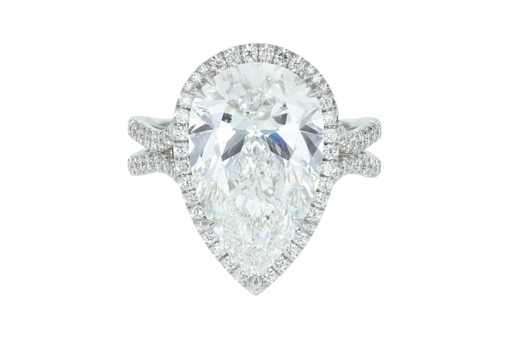 Pear Diamond Halo Pave' Set Wavy Split Shank Platinum Ring