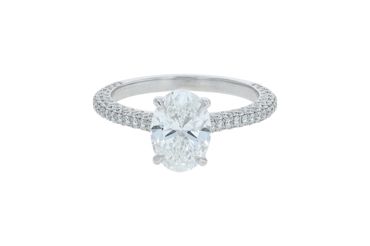 Oval Lab Grown Diamond Three Sided Pave' Set Hidden Halo Cathedral Platinum Solitaire