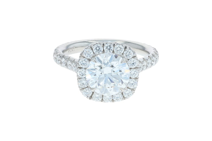 Round Lab Grown Diamond Two Sided Cushion Halo Pave' Set Cathedral Platinum Solitaire