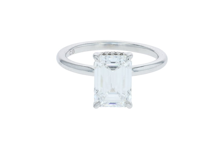 Emerald Cut Diamond V-Shaped Hidden Halo Platinum Engagement Ring