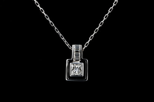 Princess Cut Diamond Pendant with Baguette Bail