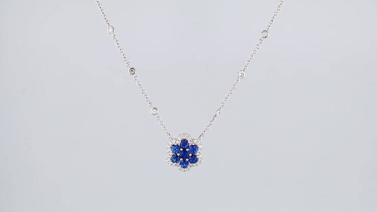 Flower Blue Sapphire Pendant, White Gold Chain