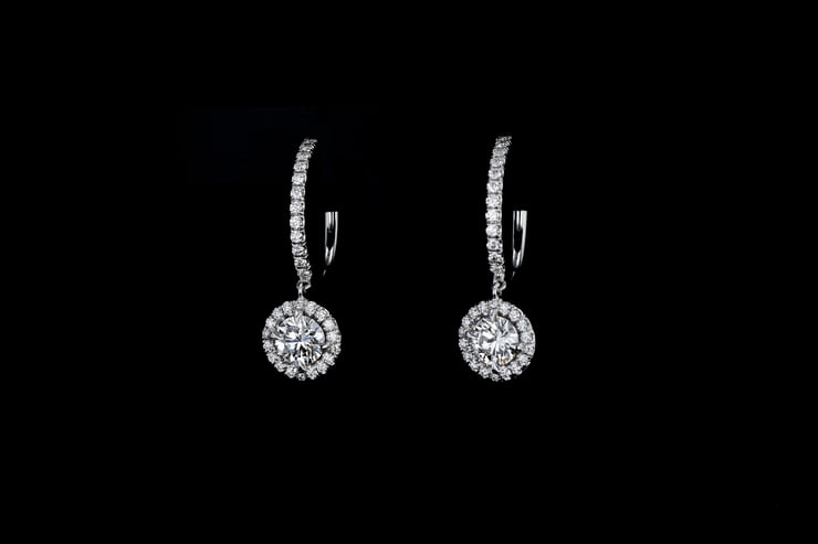 Halo Set Round Diamond Earrings Dangling