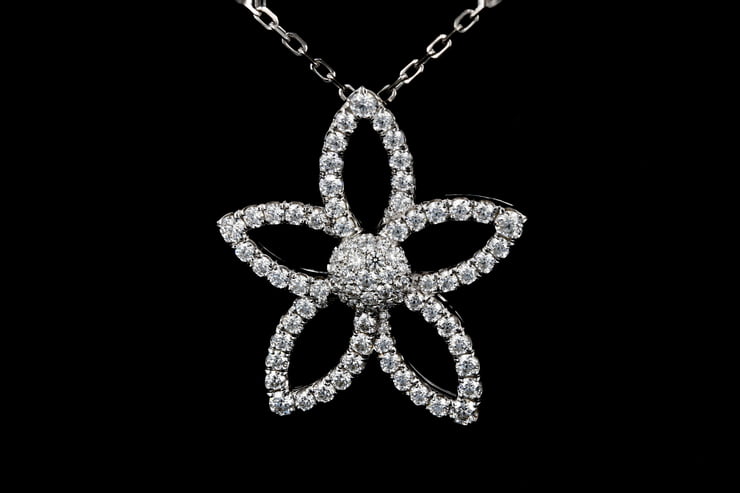 Plumeria Flower Pave' Diamond Pendant Necklace