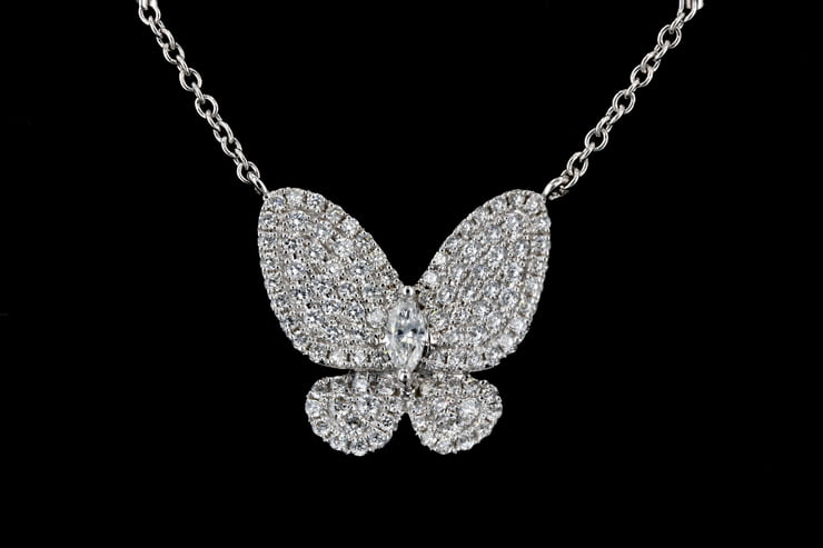 Pave' Diamond Butterfly Pendant on White Gold Chain