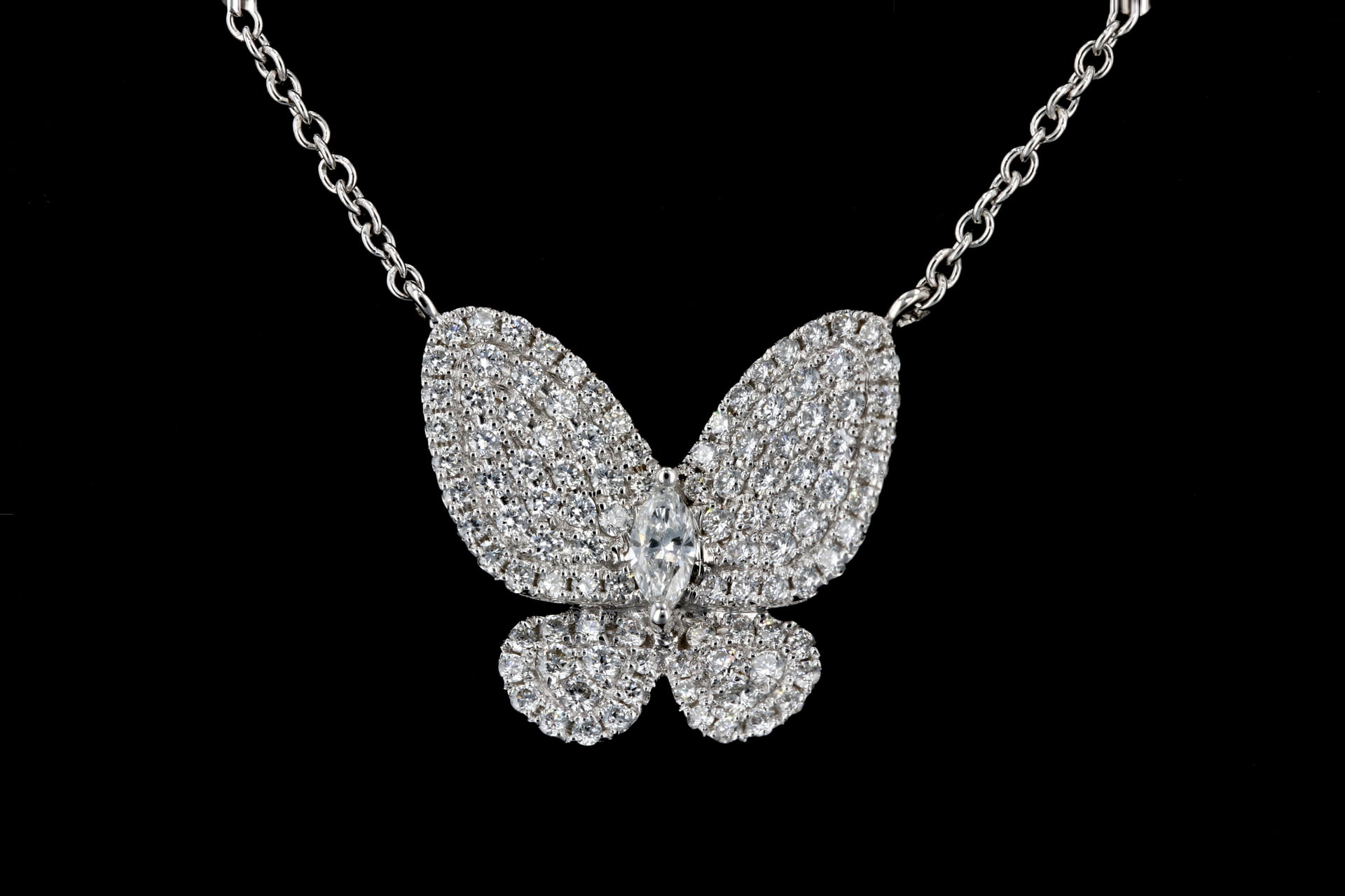 14K Gold Small Baguette and Round Diamond Butterfly Necklace | Dallas TX