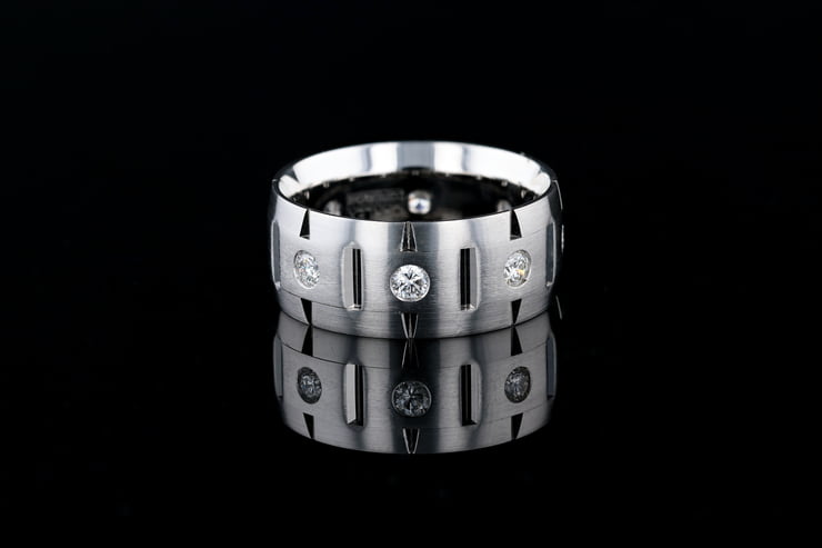 Low Dome Etched Band, Bezel Set Diamonds